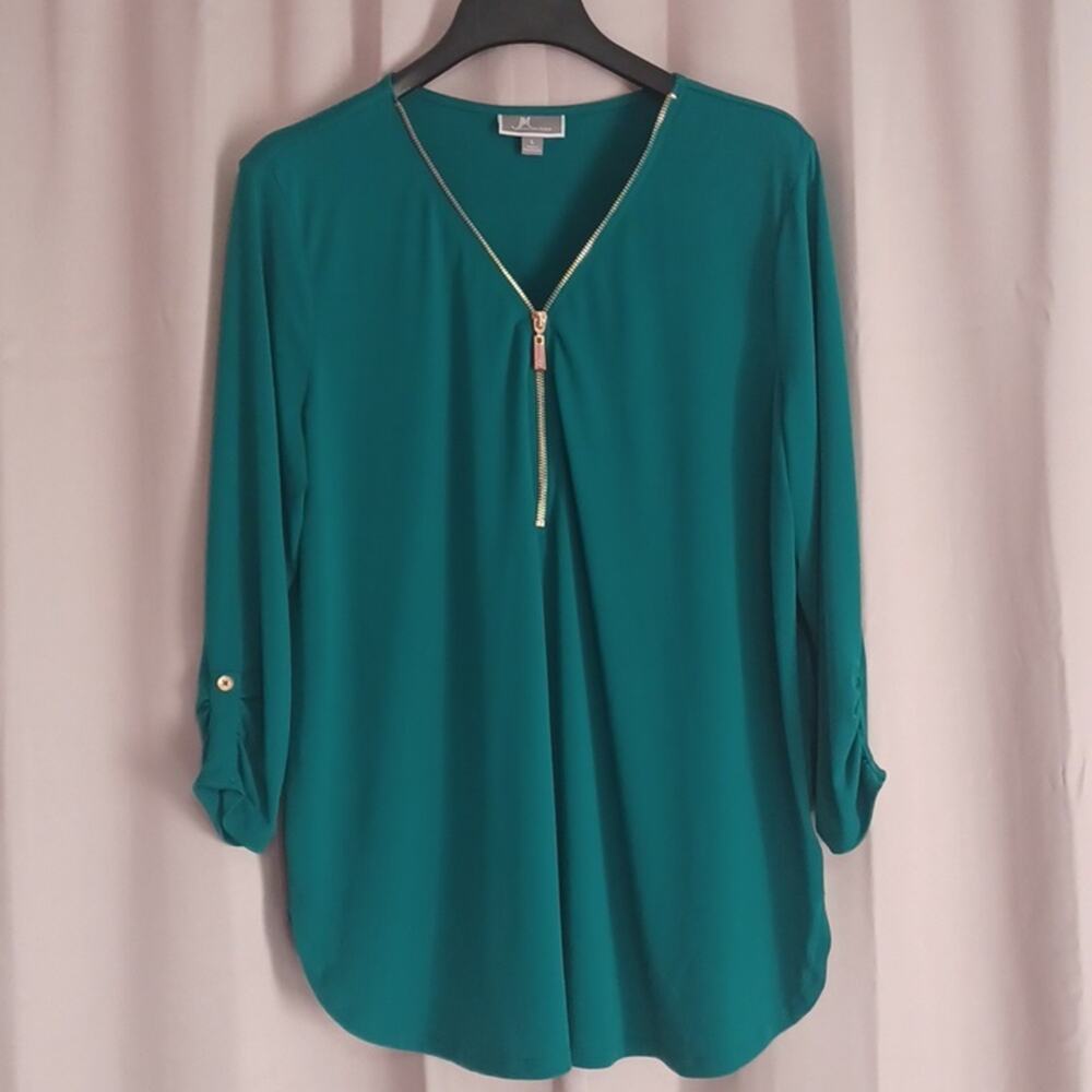 JM Collection Emerald Green 3/4 Sleeve Tunic V-Neck Zipper Detail Stretchy